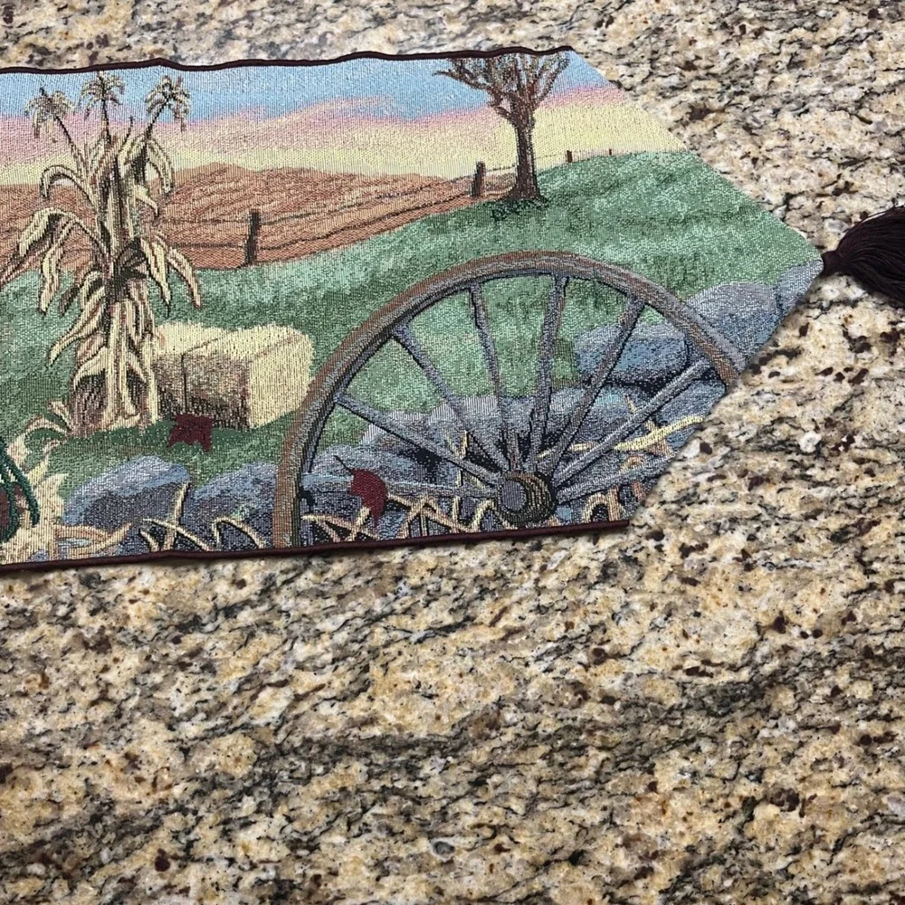 Vintage Autumn Harvest Woven Tapestry Table Runner Pumpkin Scarecrow Barn 71in